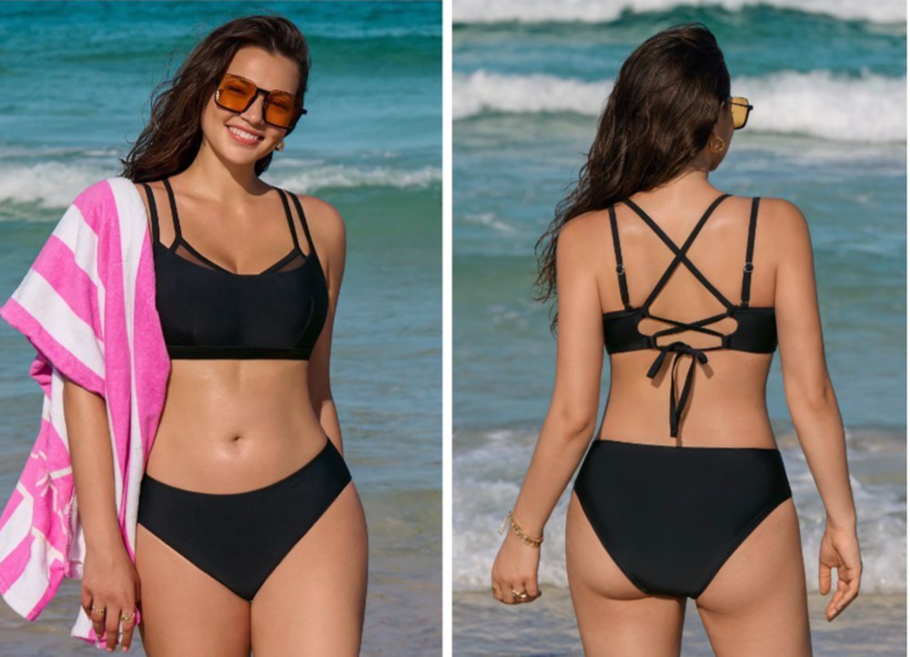 Cupshe Womens Two Piece Strappy Black Bikini Size XL - DD Swimwear Beach